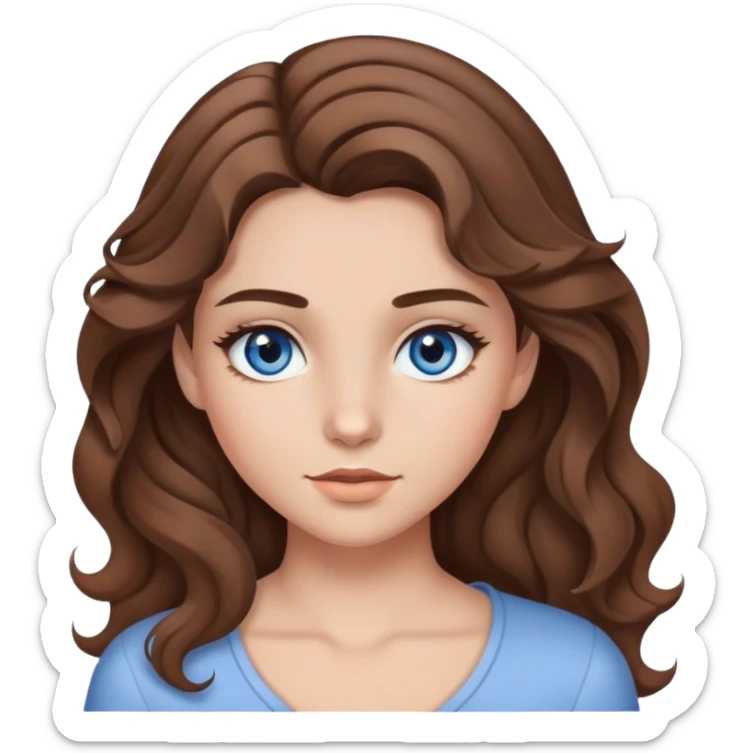 A girl with brown wavy hair with parting on the left side, gray-blue eyes and makeup sticker