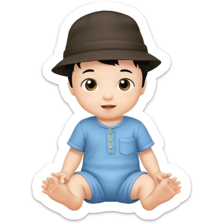 baby boy emoji, fine black hair, wearing a hat and romper, playful look sticker