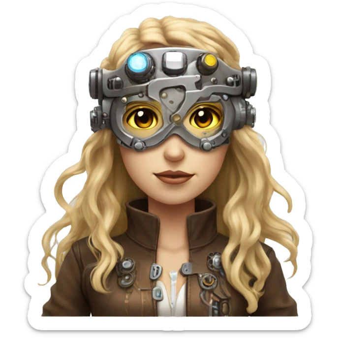 Brown long hair with blonde steaks female cyborg head, fair skin, steampunk goggles and circuits sticker