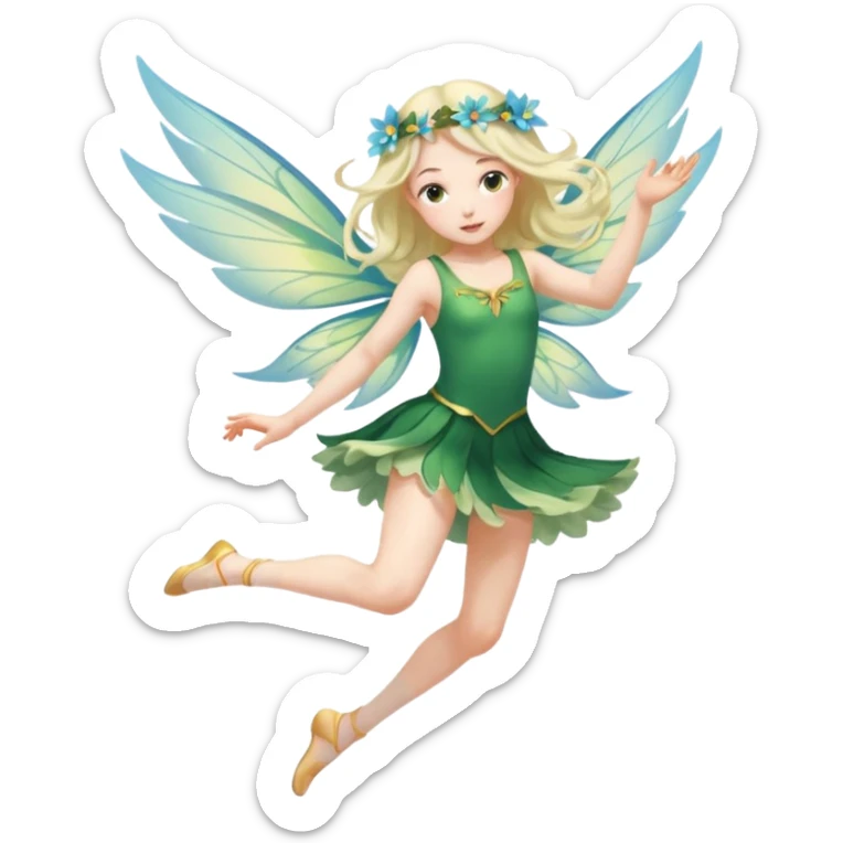 A winged flower fairy girl, wearing a short skirt, one leg straight and the other bent, her body tilted, in a flying pose. sticker