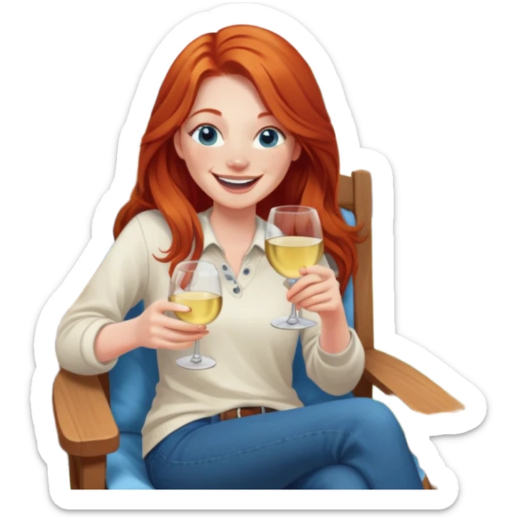 Laughing redhead with long hair and blue eyes holding white wine sitting in chair beside fire backyard sticker