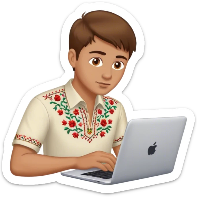 A Ukrainian guy with brown hair in an embroidered shirt works at his laptop sticker