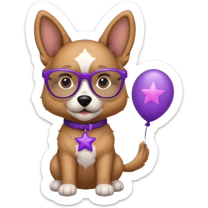 dog holding purple star balloon in hand with black glasses close view  sticker
