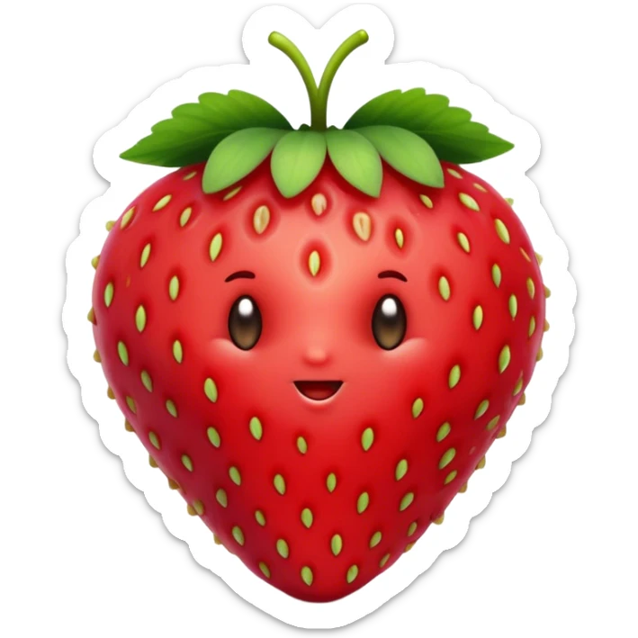 Cinematic Realistic Strawberry Emoji, Plump and juicy, with a deep red color and small, fresh seeds dotted across the skin. Its glossy, sweet surface catches the light, while bright green leaves top off the perfect, delicious berry. Soft glowing outline, capturing the essence of sweetness and freshness in a bright strawberry! sticker