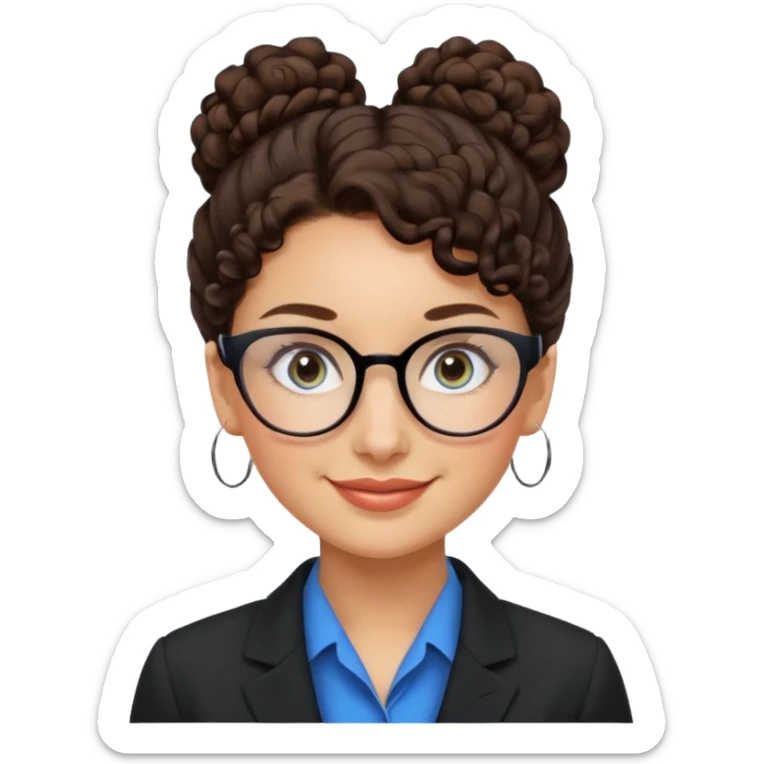 a woman, 30 years old, light skin with dark brown curly hair in a bun with some face framinig pieces. eyeglasses. Black suite on. blue eyes. sticker