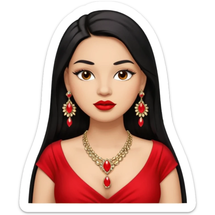 Light skin brown eyes glamorous full figured women black long straight hair red lips necklace and earrings long lashes sticker