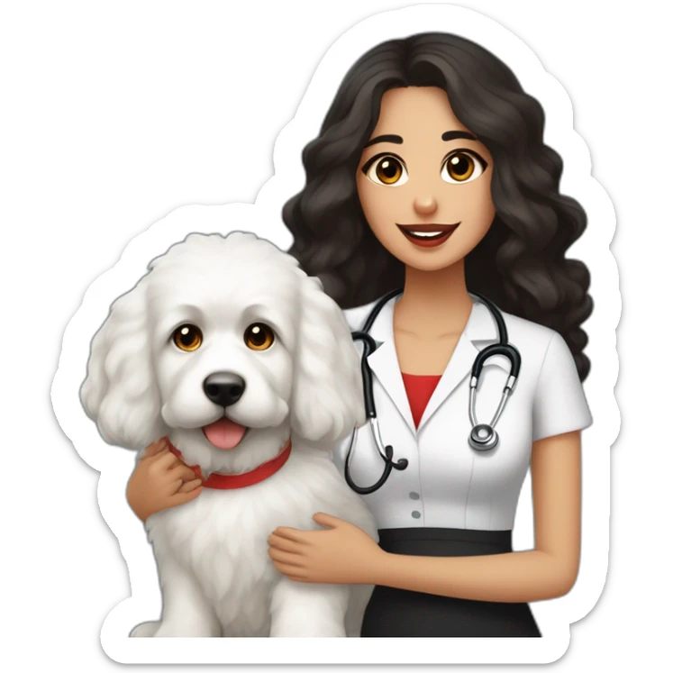 young moroccan woman with dark brown eyes, dark long curling hair, red lips, a black dress, a stethoscope and a white cotton of tulear dog on her laps and chips in her hand sticker