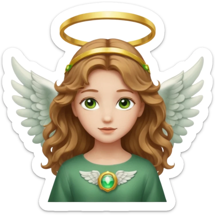 Angel girl with light brown wavy hair and green eyes and a halo and wings sticker