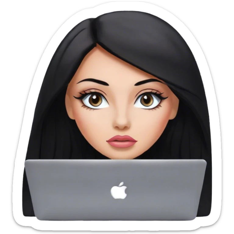 Glamours, tanned, very beautiful girl, with big pump peach-beige-rose lips, eyeliner, long long lashes, black straight smooth silky long hair, straight parting hair, blue-grey eyes with macbook sticker