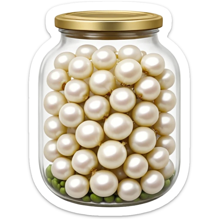 clear glass jar filled with small white pearl onions submerged in clear brine, rounded jar with metal lid, tightly packed contents visible through transparent sides, onions smooth glossy slightly translucent, no label no fork no garnish, closed jar, soft lighting, subtle shadows, emoji scale sticker