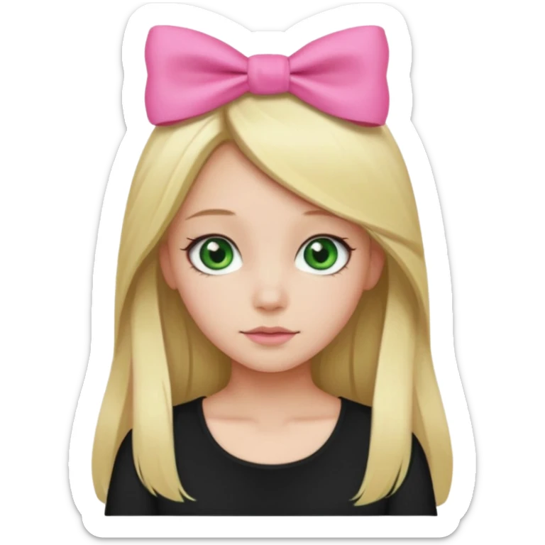 blonde girl middle part long hair , pink bow in hair, plain black top, green eyes. sticker