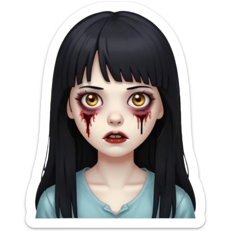 faça o emoji de uma menina zumbi de cabelos longos pretos com franja sticker