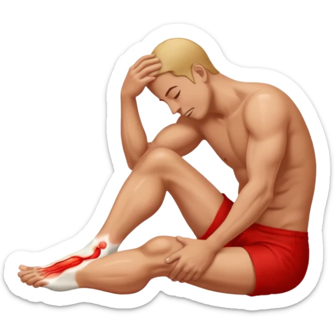 Man holding his foot in pain, muscle cramp in feet, red pain highlight on foot, simple medical emoji style, clean background sticker