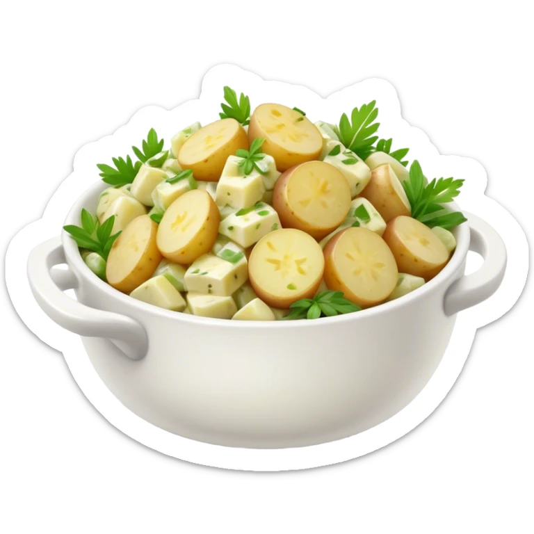 Cinematic Realistic Kartoffelsalat Dish Emoji, showcasing a traditional potato salad with fresh herbs and tangy dressing rendered with lifelike detail and vibrant, natural lighting. sticker