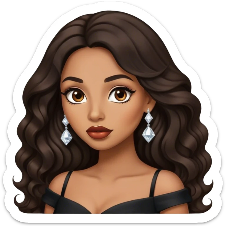 light brown skin tone, very beautiful woman, with big plump lips, long long lashes, black wavy long hair, brown eyes, black dress, diamond earrings sticker