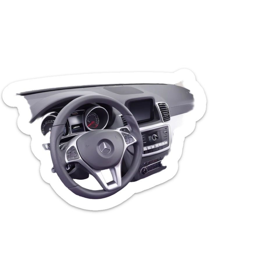 3D style image of the interior of a 2015 Mercedes Benz ML350, black leather seats, dashboard and steering wheel, luxury SUV details, front seats view sticker