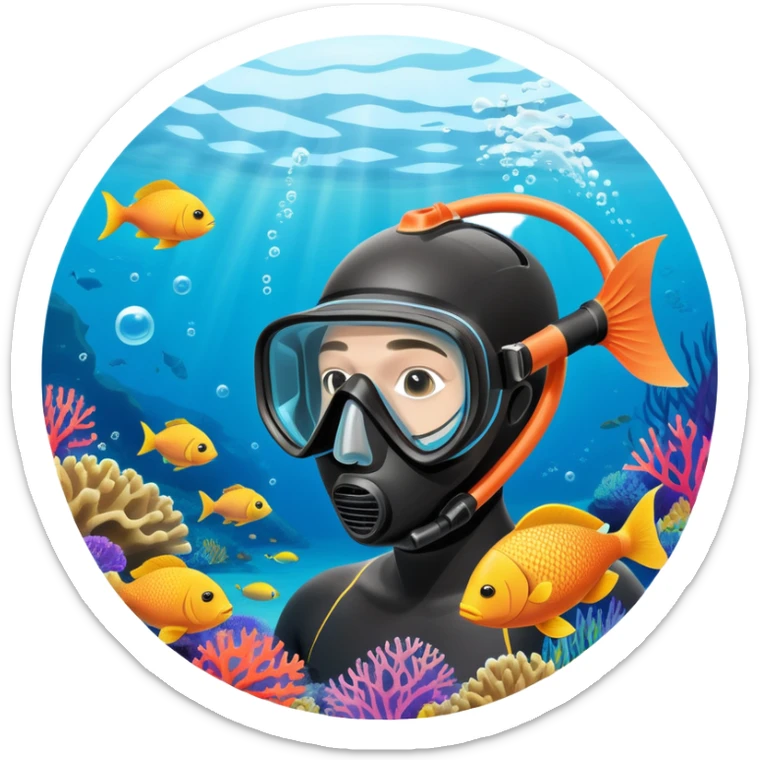 An icon featuring a close-up of a freediving mask and snorkel, with a breath-holding diver's fins, set against a vibrant underwater world. The design includes coral reefs, fish, and bubbles, symbolizing the serene beauty and thrill of freediving. Transparent background highlights the calm sticker