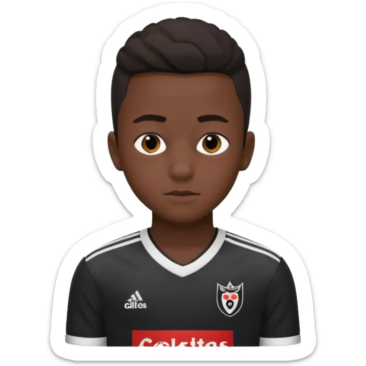 A dark-skinned boy, aged 15 and 16, is wearing a Besiktas jersey, black and white. sticker