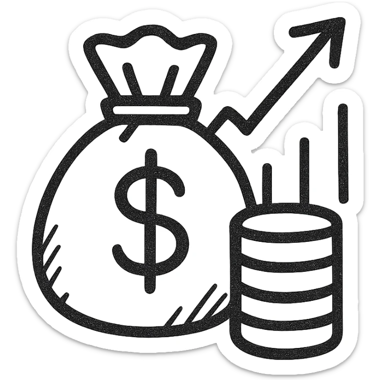 Google Material Design icon for 'Economy / Finance' depicting a growing money bag, clean graph, or stack of coins sticker