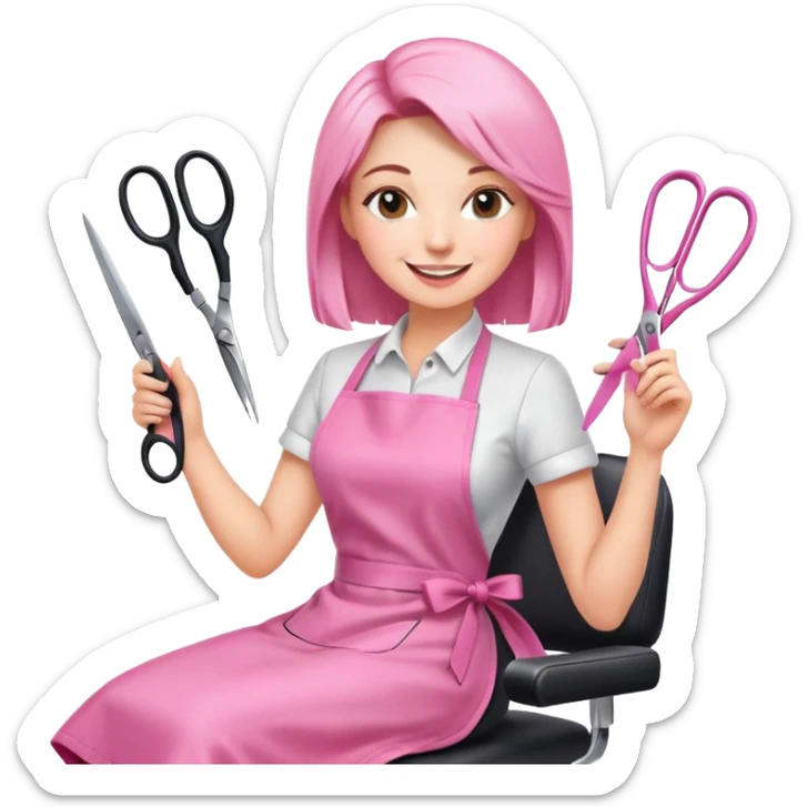 happy woman client in pink apron sitting in salon chair, female hairstylist smiling behind her with scissors sticker