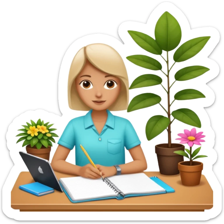 DE VACACIONES y detrás un escritorio moderno, con una notebook, una agenda y una planta con una flor sticker