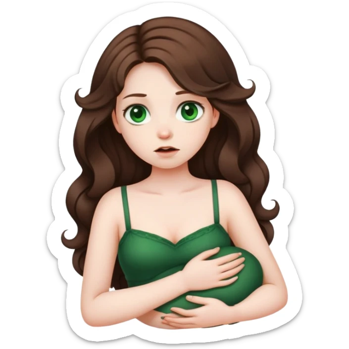 Girl with curled brown long length hair and very dark green eyes with belly ache sticker