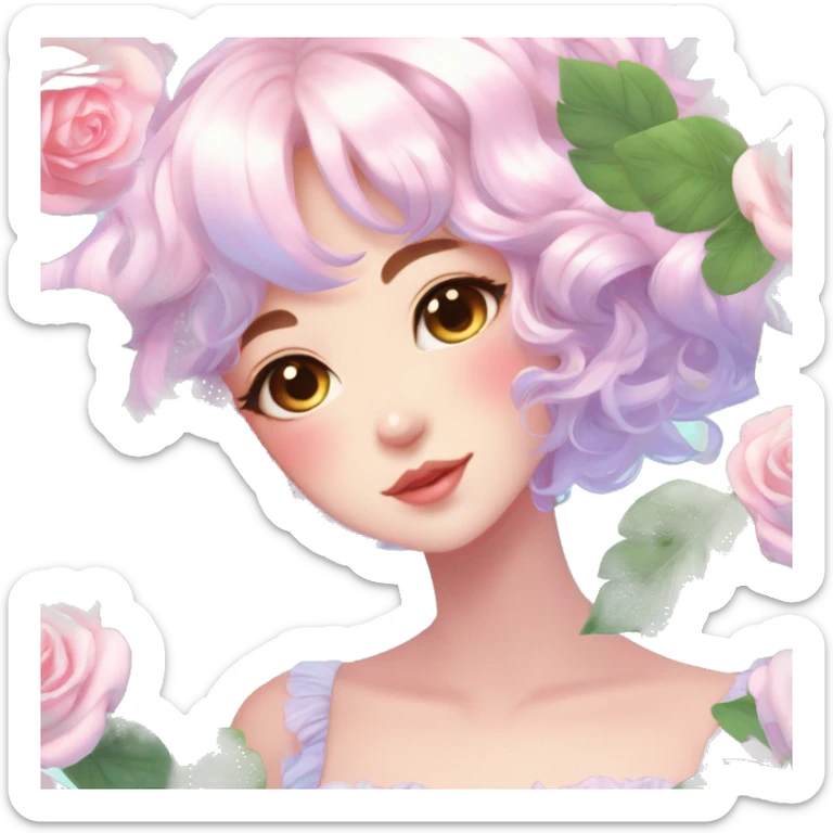 Gorgeous pastel shiny pearly colorful anime style lady with blushing face and roses leaves shiny cottagecore fairycore aesthetic trending style sticker