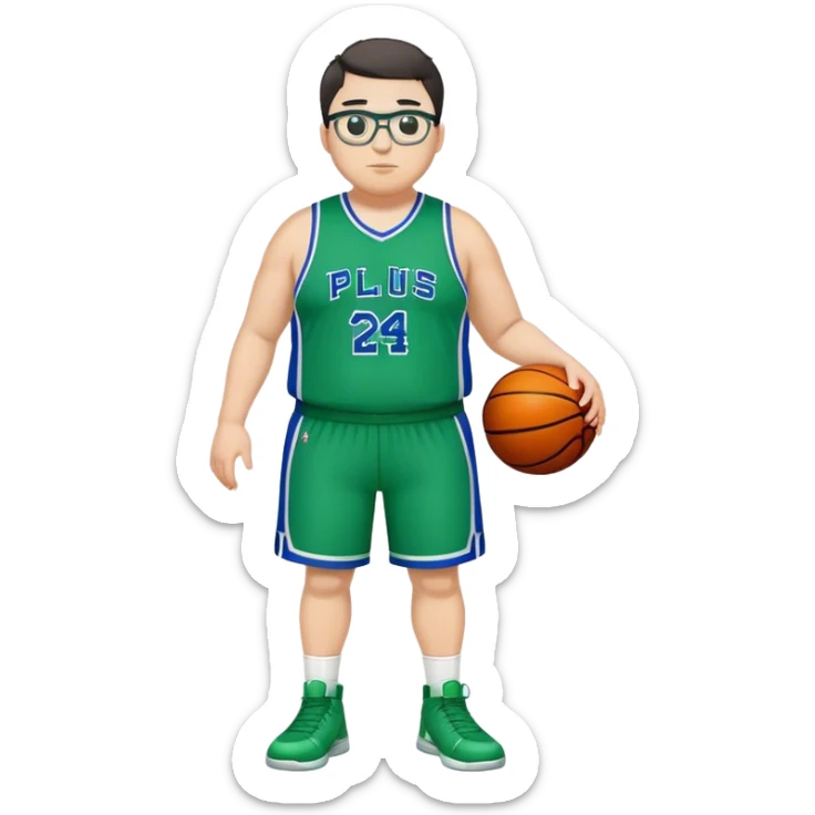 Full Body plus size white male with dark short hair basketball player wearing glasses wearing blue green uniform sticker