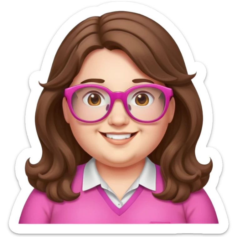 chubby English teacher face, long wavy brown hair, pink glasses, happy, gamer sticker