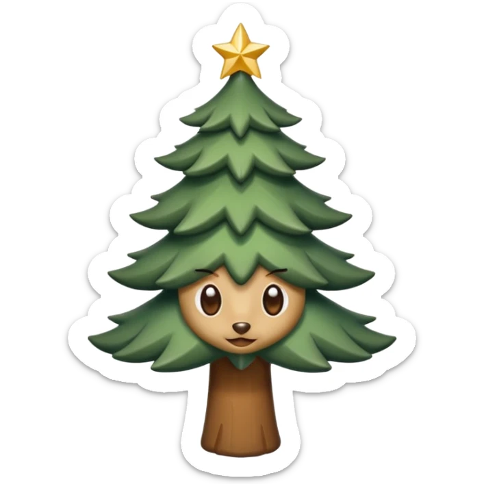 Un emoji représentant un petit sapin stylisé, sans bouche, avec deux grands yeux de biche brillants couleur cannelle. Style minimaliste, mignon et expressif, comme un sticker ou un emoji moderne. Fond parfaitement transparent, haute qualité, bien centré. sticker