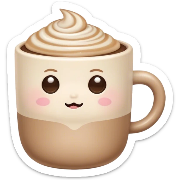 Cute Kawaii Coffee Cup, cozy and warm, a tiny swirl of steam shaped like a heart, round chubby face with a sleepy but content expression, soft pastel brown and cream colors, perfect morning vibes! sticker