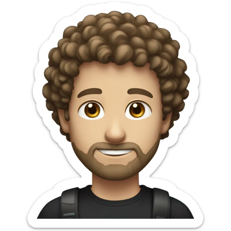 a white man with curly frizzy brown hair and a short trimmed beard with no mustache with blue eyes, black t shirt  sticker