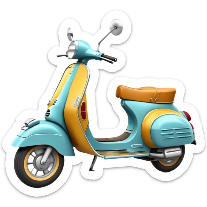 Cinematic Realistic Vespa Scooter Emoji, depicted as a stylish vintage Vespa with sleek retro design and vibrant colors, rendered with crisp textures and dynamic sunlit lighting that captures its iconic Italian charm. sticker