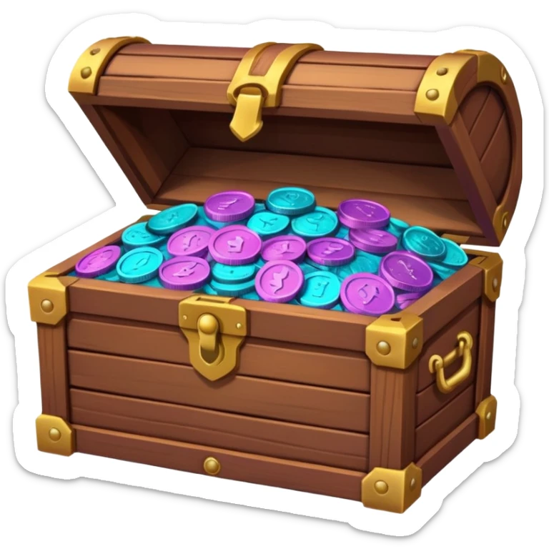 wooden brown treasure chest filled with  coins 
Change coins color in in gradient of turquoise, blue, pink, purple, and coral sticker
