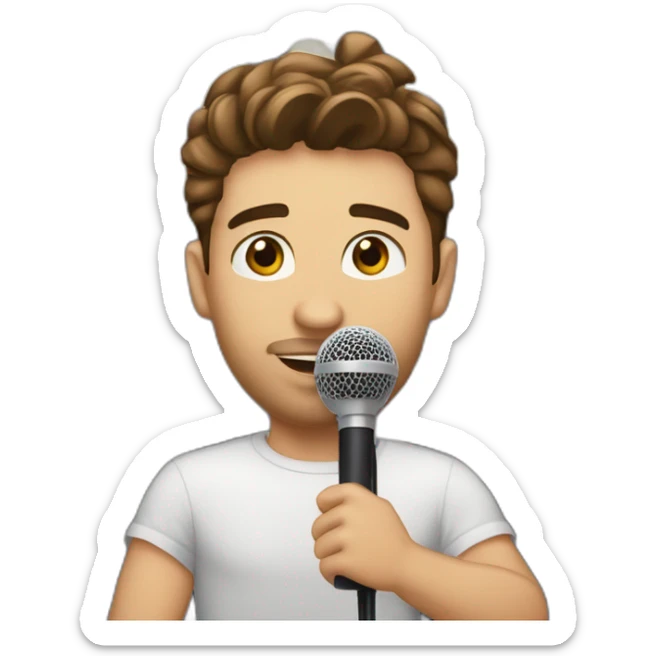  men with brown hair and light skin with microphone stand in front of him with show spotlights on a stage and many lights and spotlights on a raised stage sticker