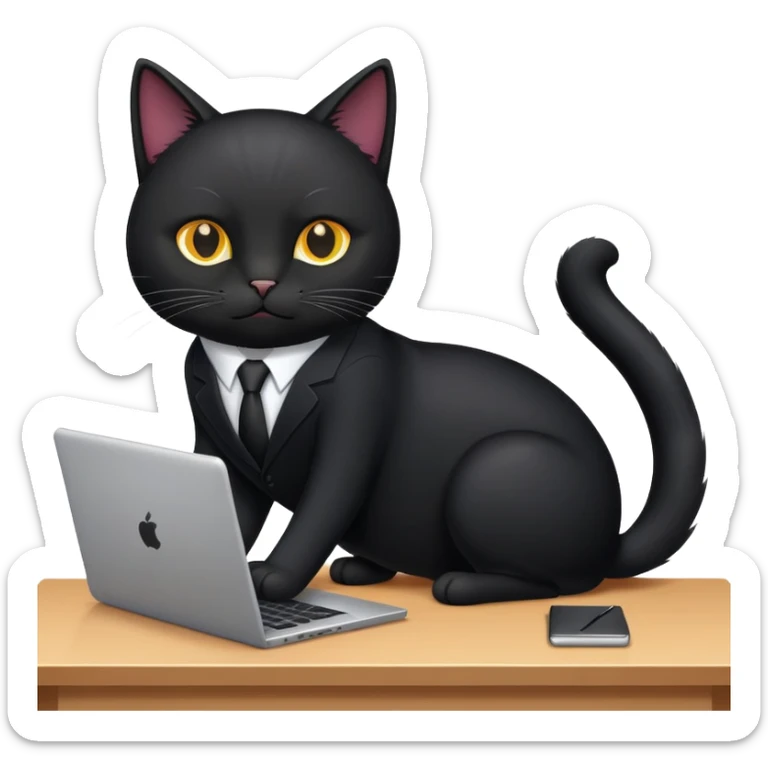 Black cat in a black business suit in an office with laptop sticker