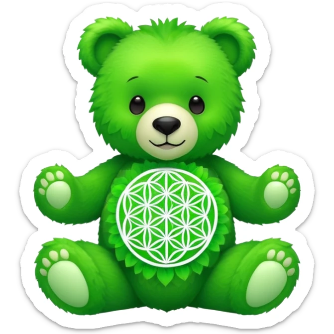 neon green bear with the flower of life on its tummy sticker