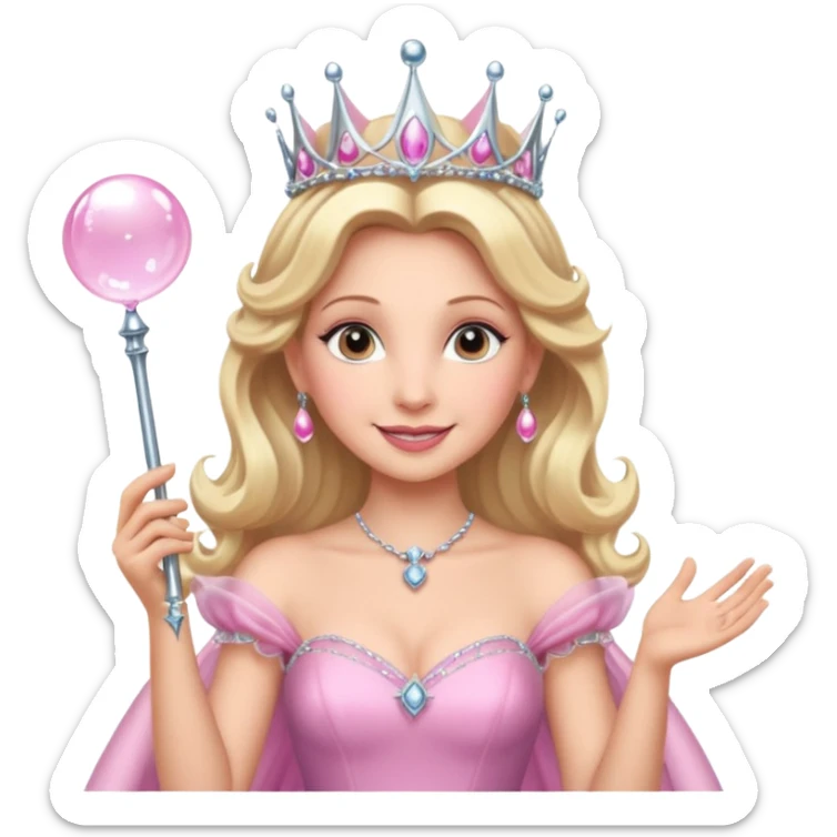glinda the good witch from wicked movie, blonde hair, beautiful, big silver thin tiara, bubble wand, pink gown sticker