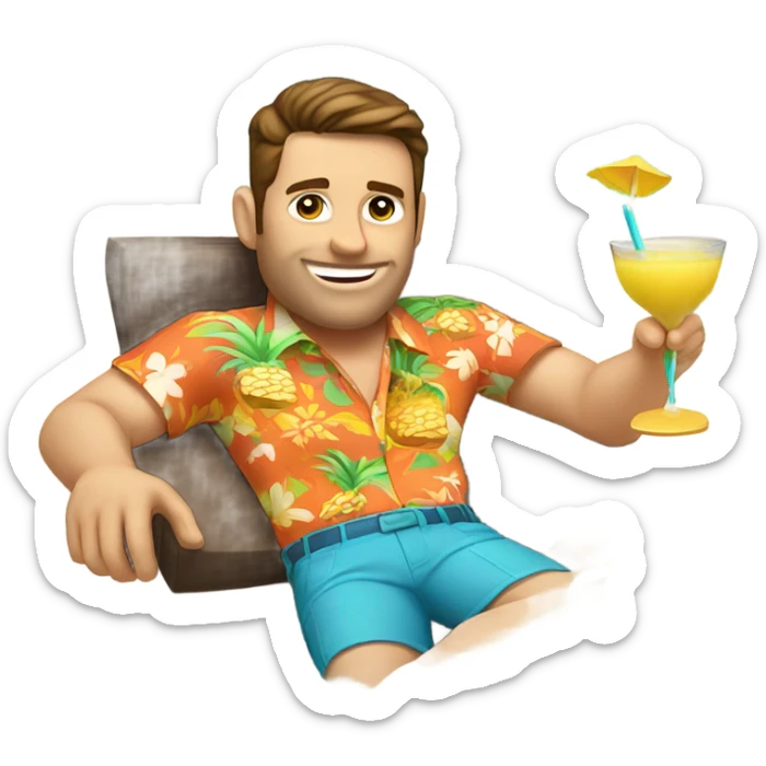 White man with brown hair lounging by pool wearing Hawaiian shirt drinking pina colada sticker