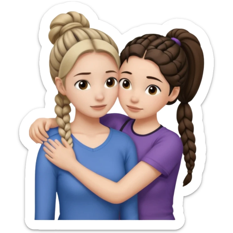 Comforting Hug two white skin women, one shorter woman with medium brown simple top ponytail, not braided, and one taller woman with a single long black side braid sticker