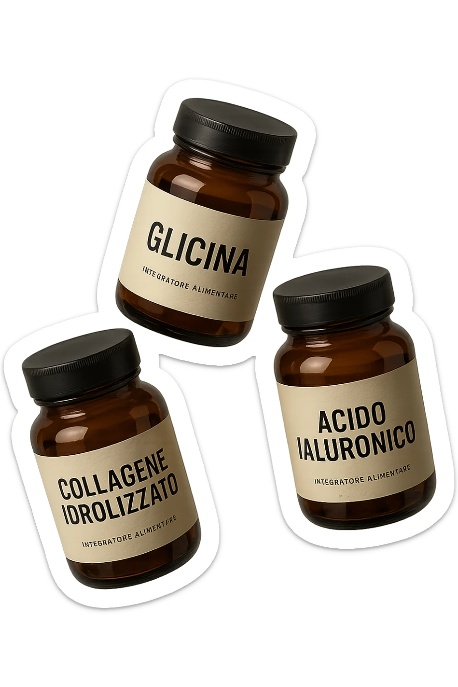 3 BARATTOLI DI INTEGRATORE CON LA SCRITTA: COLLAGENE IDROLIZZATO, GLICINA, ACIDO IALURONICO FLUTTUANO IN ARIA, IPERREALISTICA 4K sticker