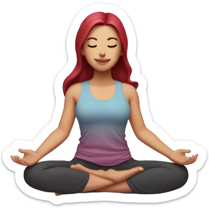 yoga girl, lotus position, pink skin, long and dark red hair, eyes closed, smiling sticker