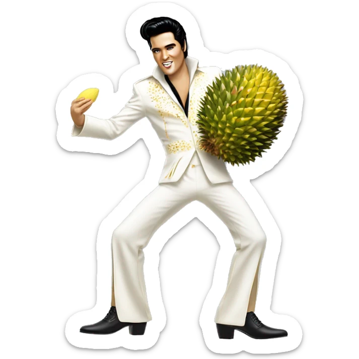 Elvis Presley wearing a white and gold jumpsuit with black shoes in a dancing pose, A hand holding a large durian sticker