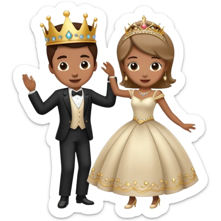 couple dancing at a royal ball, wearing formal clothes and tiara sticker