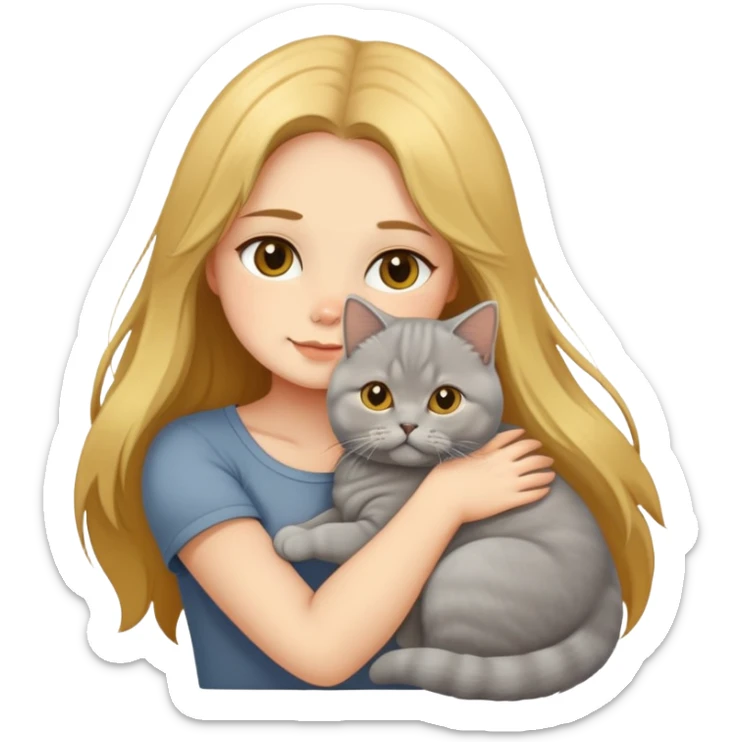 A long-haired girl hugs a Golden Shaded British shorthair sticker