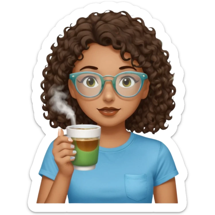 White girl with dark brown curly hair, brown eyes, sky blue glasses, nose ring, green t shirt, drinking coffee from a glass cup sticker