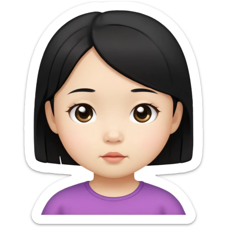 close up toddler girl face, Asian small eyes, light skin, straight black hair, no body, no neck sticker