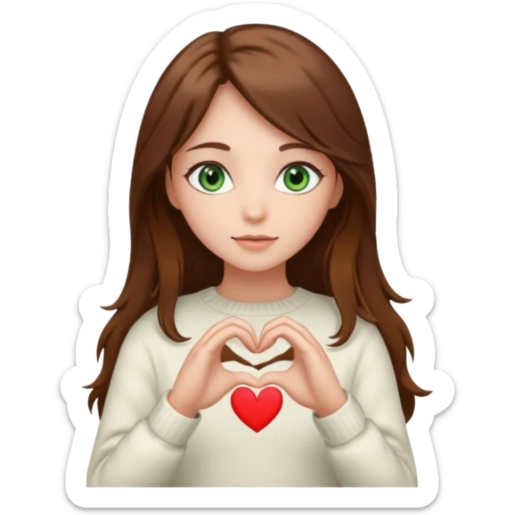 Girl green eyes brown long hair white warm sweater doing hands heart sticker