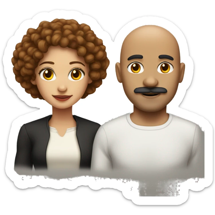 Light skin girl with long curly brown hair with red at the bottom and a black bald man with a bread and mustache sticker