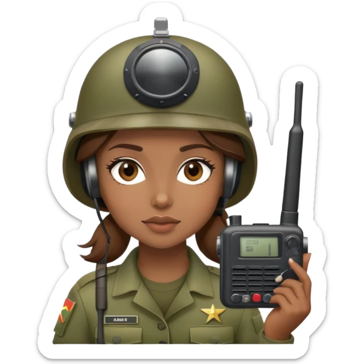 Soldier girl brown hair army helmet with radio sticker